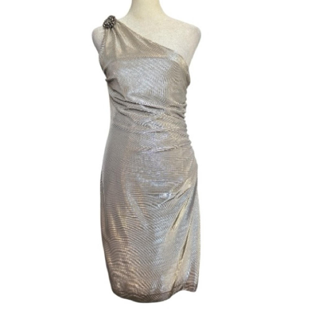 Active Seller! London Times Silver One-Shoulder Cocktail Dress